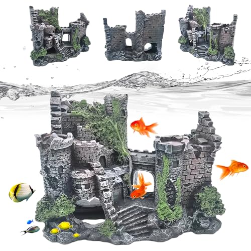 WIYETY Grande décoration pour aquarium : ornements en résine, décorations de château en ruine classique, accessoires pour aquarium, paysage en polyrésine pour poissons, crevettes, tortues (château)