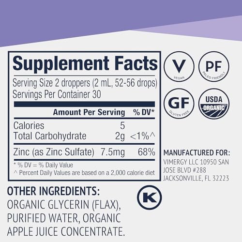 Image of VIMERGY USDA Organic Zinc Supplements for Women & Men (7.5mg Liquid Zinc Per Serving) Fast-Absorbing Immune Support, Promotes Healthy Bones & Skin, Vegan (55 mL)
