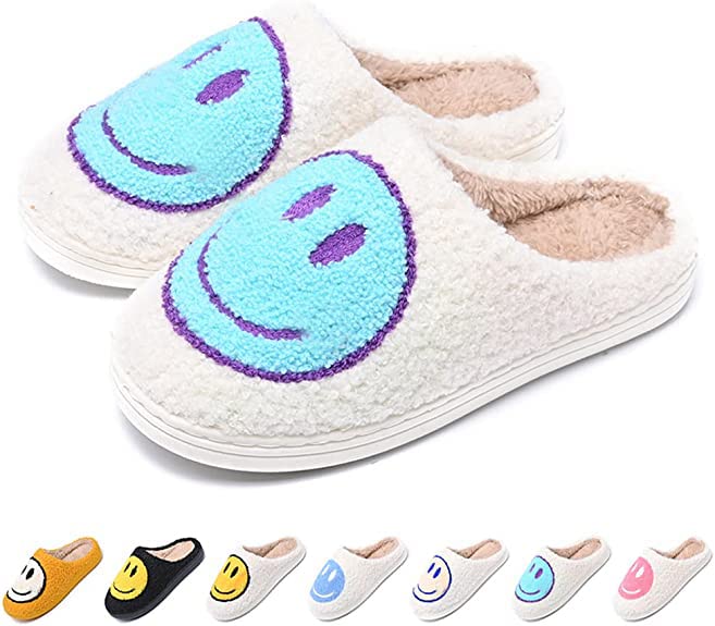 DoxwaterSmile Face Slippers for Women and Men Comfy Warm Plush Slip-On House Slipper for Winter Indoor Outdoor Soft Cushion Non-slip Fluffy Slides Slippers with Memory Foam for Girls Boys