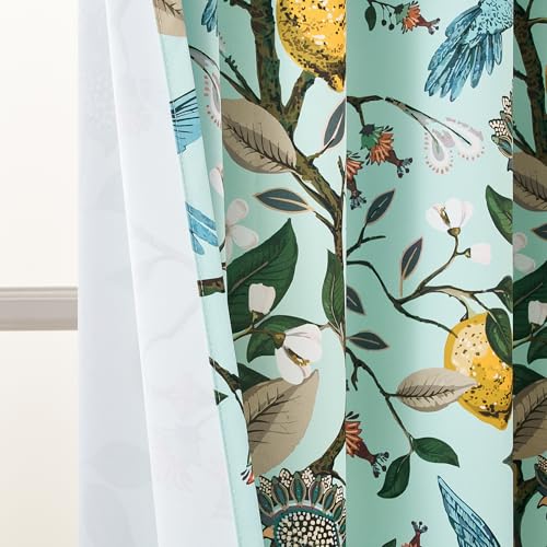 Image of Topfinel 94 Inches Long Custom Floral Curtains Unique Cottagecore Whimsical Vintage Pretty Fun Flower Hummingbird Patterned Double Sided Grommet Print Drapes for Bedroom Living Room Dining Mint Green