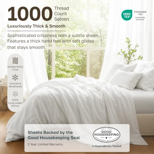 Image of California Design Den Luxury 1000 Thread Count King Size Sheets Set | Backed by Good Housekeeping Seal - 100% Cotton Sateen - Soft, Thick & Heavy, 16 inch Deep Pocket, All-Around Elastic, Light Grey