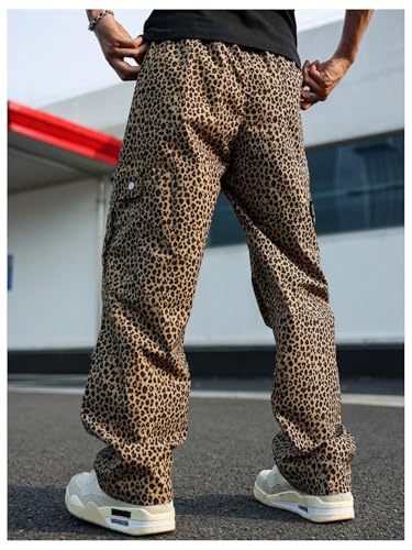 GORGLITTER Men's Leopard Print Cargo Pants Baggy Drawstring Waist Flap Pocket Straight Leg Pants2