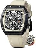 OLEVS White Strap Silicone Watches Men Big Black Dial Tonneau Mens Dress Watch Fashion Chronograph Waterproof Multifunction Business Men Wrist Watch Casual Relojes para Hombres