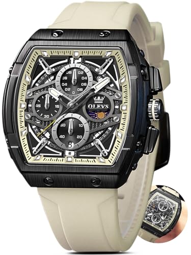 OLEVS White Strap Silicone Watches Men Big Black Dial Tonneau Mens Dress Watch Fashion Chronograph Waterproof Multifunction Business Men Wrist Watch Casual Relojes para Hombres