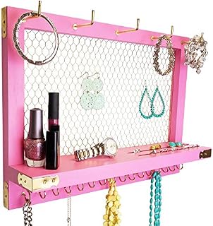 Large Pink Wall Mounted Hanging Jewelry Organizer, Perfect Holder for Earrings Necklaces Bracelets-Gold