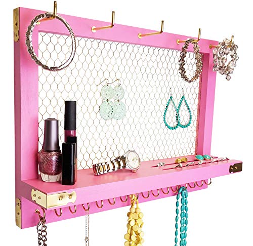 Large Pink Wall Mounted Hanging Jewelry Organizer, Perfect Holder for Earrings Necklaces Bracelets-Gold