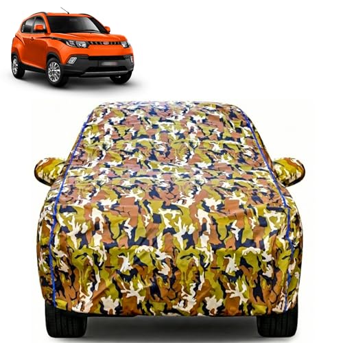 Image of Waterproof Car Body Cover for Mahindra KUV 100 with Mirror Pocket| Cotton Inner Lining | Triple Stitched | All Weather Protection | Dust, UV & Rain Proof (Camouflage with Blue Piping)