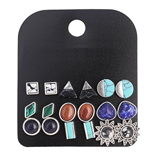 9 Pairs Multiple Stone Stud Earrings Sets for Women Popular Triangle/Round/Square/Bar Earring Studs