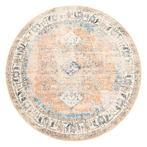 Softwoven Rugs, 5' Round Machine Washable Rug, 90% Cotton, Non-Slip, Family & Pet Friendly, Stain Resistant, Non-Shed, Traditional Vintage Area Rug For Living Room, Hallway - Blueand Lt. Brown #TOP1