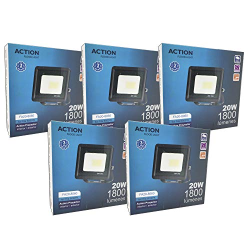 FactorLED ¡OFERTA! Pack x5 Foco LED 20W Negro Slim, Iluminación Exterior e Interior, Proyector Ultrafino IP65, Floodlight Decoración, [Eficiencia energética A+] (Luz Fría (6000K))