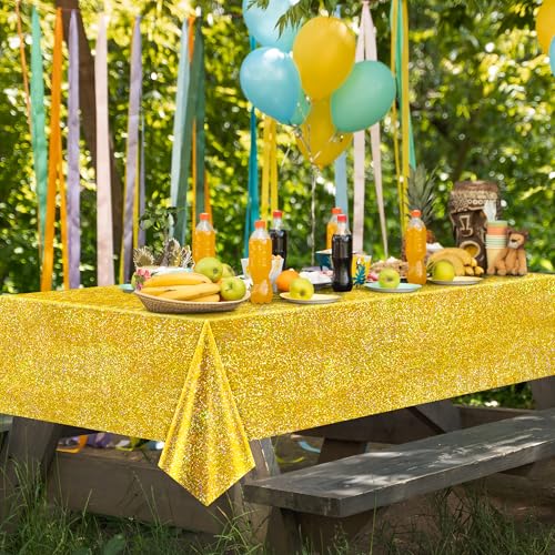 Image of Just Shimmer 1 Pack Gold Holographic Tablecloth 40 x 108, Shiny Laser Iridescent Disposable Plastic Rectangle Table Cover for Birthday, Graduation, Wedding, New Year Christmas Party Decorations