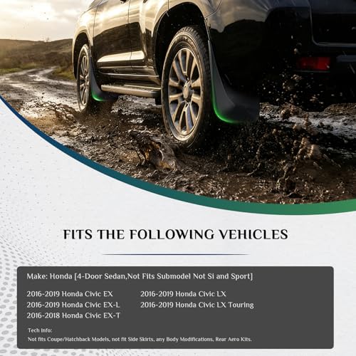 Image of Mud Flaps Fit for 2016-2019 Ho-nda Civic 4-Door Sedan (Not Fits Submodel Not Si and Sport), Dedicated Mudguard for Four Seasons Universal Protection, Front and Rear