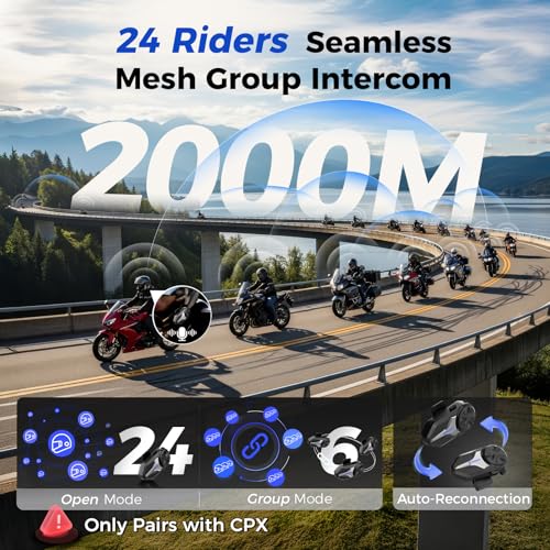 Image of Moman Motorcycle Intercom, Group Intercom Communication Systems, FM, Hi-Fi Stereo, CVC Noise Cancellation, Waterproof BT5.1 Helmet Speaker Headset, 24 Riders Mesh Communicate(CPX 2 Pack)