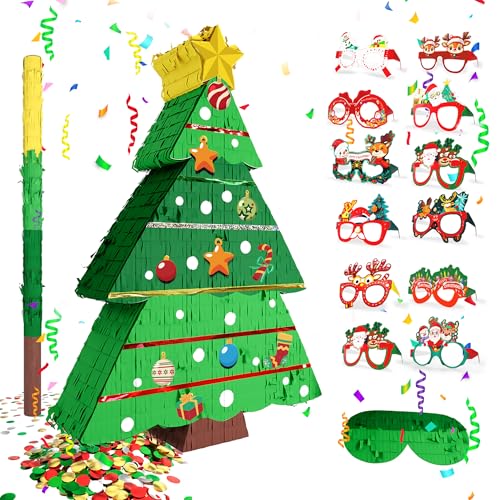 Muwoob WEIXIN003300 Christmas Tree Pinata Set With 12 Pieces Paper Glasses, Wood Stick, Blindfold, And Confetti, 16 Inch Large Piñata De Navidad For Holiday Party Decorations And Festive Games cover