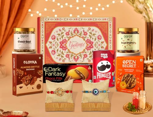 Image of Goshudh Rakhi Gift Hamper for Bhaiya & Bhabhi | 8pc | Classic Seed Trail Mix, Royal Dry Fruit Mix, Pringles, Open Secret Peanut Butter Cookies, Almond Brittle Brownie, Dark Fantasy, Set of 2 Rakhi with Roli Chawal | Raksha Bandhan Gift Box