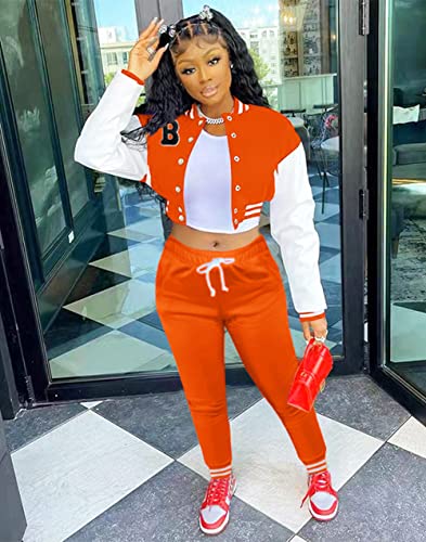Fooullaide Womens 2 Piece Outfits Varsity Jacket Set Letter B Crop Tops Baseball Jacket Sweatsuit Jogging Sweatpants Tracksuits #TOP1