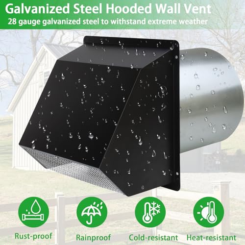 Image of 6 Inch Hooded Wall Vent with Screen and Damper,6 inchExhaust Vent Dryer Vent Cover Outside,6 inch Vent Cover Exterior Wall Vent Cap for Kitchen Range Hood Vent Dryer Air Vent Bathroom Exhaust,Galvanized Steel