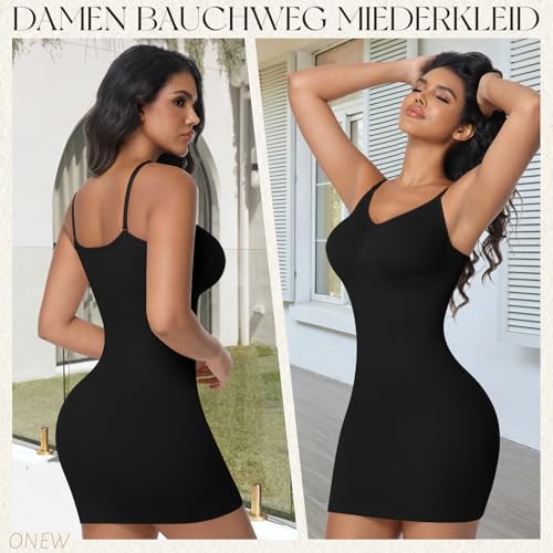 ONEW Bauchweg Shapewear Miederkleid Damen Nahtlose Unterkleid Taillenforme Formkleid Tummy Control Shaping Full Slip Schwarz M