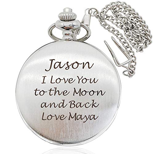Pocket Watch Personalized Pocket Watch with Chain Gifts for Him Men Husband Father Best Man Groomsman Usher Grandpa Daddy Dad for Anniversary Birthday Christmas Fathers Day Wedding Valentines Day Xmas(Silver)