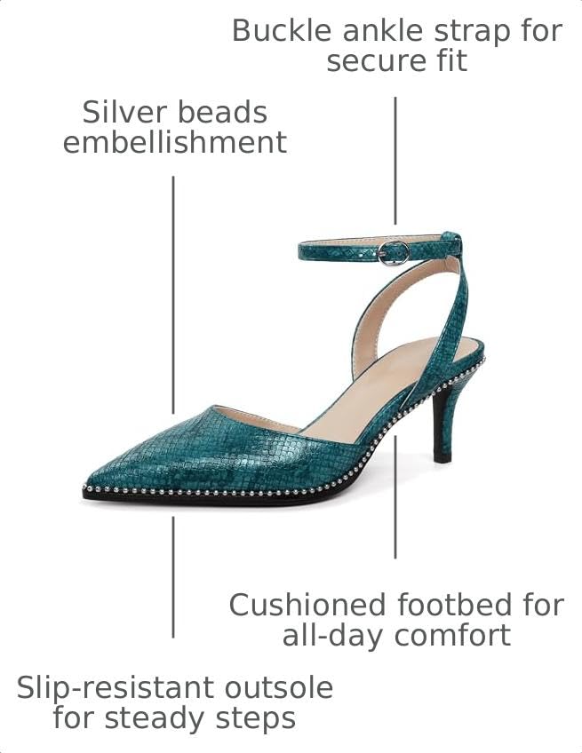 Image of SAMMITOP Kitten Heels for Women Low Heel Closed Toe Ankle Strap Pumps Wedding Party Beaded Dress Shoes 2.4 Inch
