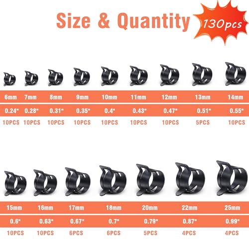 Image of AKIHISA 130Pcs 6-25mm Spring Band Hose Clamp Assortment Kit with Hose Clamp Pliers, 16 Sizes Spring Hose Clip Fuel Line Silicone Vacuum Hose Pipe Clamp, Air Hose Tube Water Pipe Fasteners