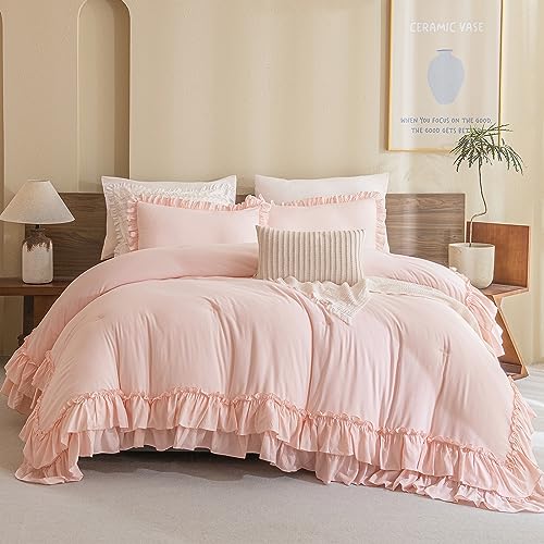 Masaca Blush Pink Comforter Set Queen,Farmhouse Shabby Boho Chic Comforter,Vintage Rustic Soft Microfiber Down Alternative Bedding Comforter Set 3PCS(1 Ruffled Comforter and 2 Pillowcases) by Masaca - Image 7