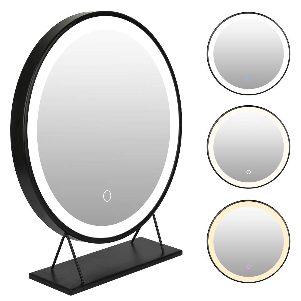 HUOLE Specchio per Trucco Illuminato, Specchio per Trucco con Luci a LED Interne, Regolabile, Rotondo, Colore Cromo, per Bagno e Camera da Letto, 50 x 50 cm