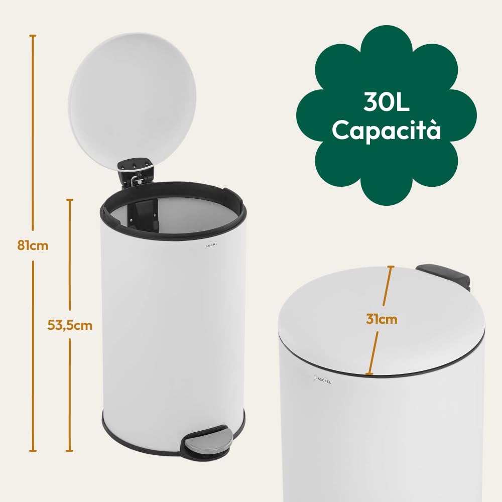 lovewind Pattumiera da cucina, 2 x 30 l, doppia pattumiera per riciclaggio e rifiuti, colore argento, pattumiera in acciaio inox con coperchio e secchio interno, grande capacità, coperchio con