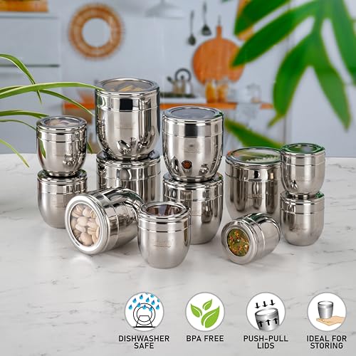 Image of Sumeet Stainless Steel Conical Shape Canisters /Dabba /Storage Containers for Kitchen with See Through Lid, Set of 12 Pcs, (150ml-6cm Dia-3Pc, 250ml-7cm Dia-3Pc, 400ml-8.5cm -3Pc, 500ml-9cm 3Pc)- Silver