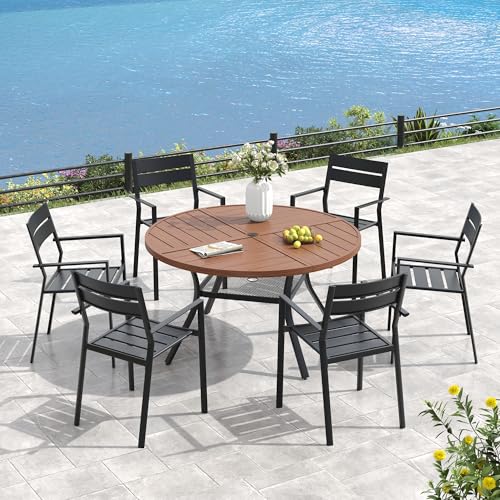 Image of VICLLAX 47.2 inch Round Outdoor Table, Patio Dining Table for 6 with Umbrella Hole for Garden Lawn Deck Backyard, Walnut