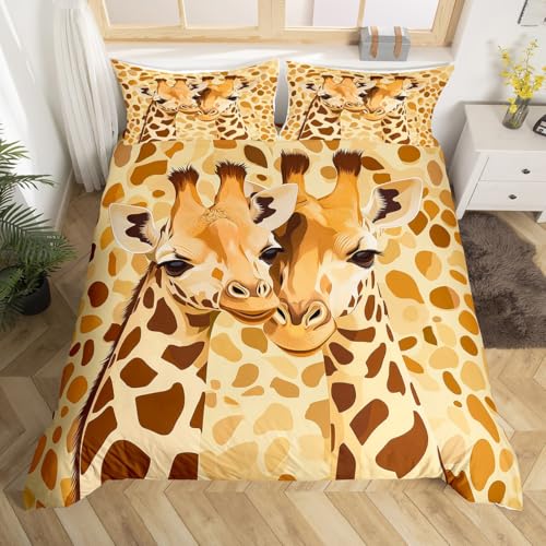 Cartoon Animals Decorations Beddding,Yellow Leopard Print Duvet Cover for All Season,Giraffe Kids Bedroom Decor Comforter Cover(No Filler) Full Size,3PCS