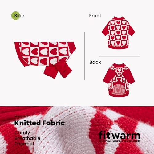 Image of Fitwarm Checkered Heart Dog Sweater, Cozy Valentines Outfit for Small Dogs Girl, Festive Pet Clothes, Red, White, XS