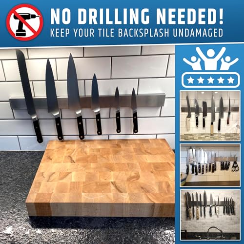 Image of 24 inch Strong Adhesive (No Drill) Magnetic Knife Holder for Wall - Professional Knife Strip - No Screws Needed - Adhesive Backing - Stainless Steel Knife Bar (Upgraded Version - Will Not Fall)