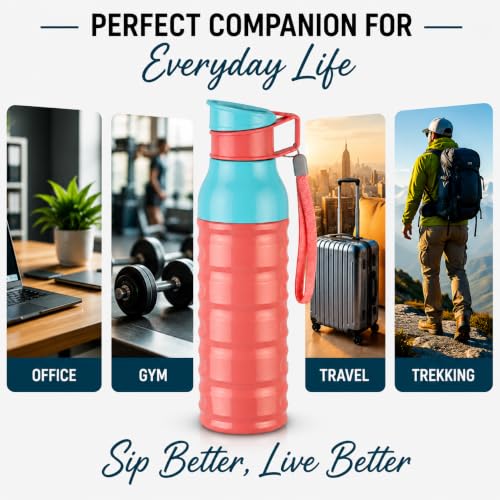 Image of CELLO Puro Steel-X Delta 900 PU Insulated Water Bottle for Office 705 ml Pink | Wide Mouth Easy to Carry with Strap Leak Proof Flip Top Lid Inner Steel Water Bottle for School Kids, College & Travel
