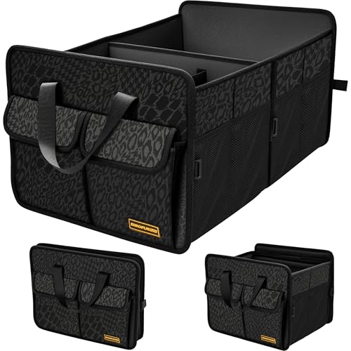 SIBOFUEGO Sturdy Car Trunk Organizer – Large Capacity Trunk Organizer for SUVs & Sedans, Hard-Shell One-Piece Design with Cute Print, Collapsible and Durable Car Organizers (Black Leopard 70L)