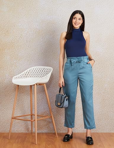 Image of Amazon Brand - Symbol Women Tapered Paper Bag Trousers (High Rise Ankle Length | with Self Fabric Belt) (Available in Plus Sizes)
