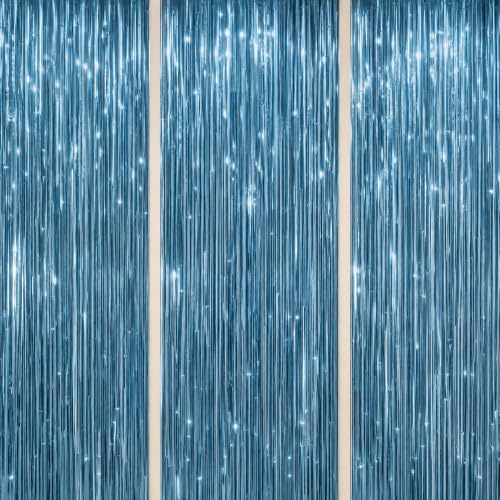 Image of DECOCKRAT 3 Pack Foil Fringe Backdrop - Blue Shiny Tinsel Curtains for Party Decoration /Photo Booth Props - 3.3x8.2 FT Metallic Foil Backdrop for Birthday, Wedding, Graduation, Christmas.