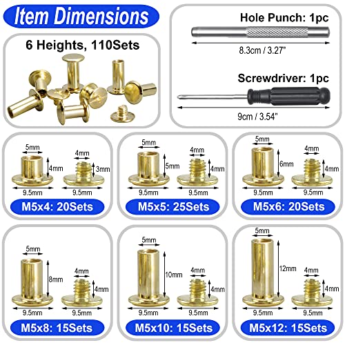 Yoranyo 110Sets Chicago Screws Leather Rivets Assorted Screw Rivets M5 Chicago Binding Screws For Decorate And Repair Leather Craft Belt Bag Shoes Purse Bookbinding (Gold, M5*4,5,6,8,10,12) #TOP1