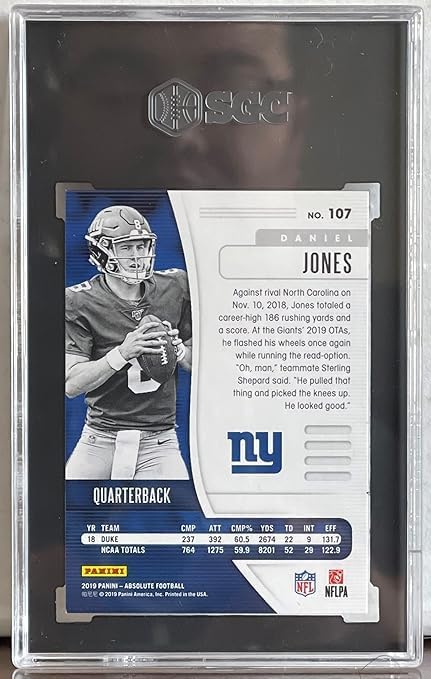Daniel Jones Graded SGC Mint+ 9.5 Red Squares Serial Numbered #7/100 Rookie Card Collectible Football Card - 2019 Panini Absolute Football Card #107 (Giants)