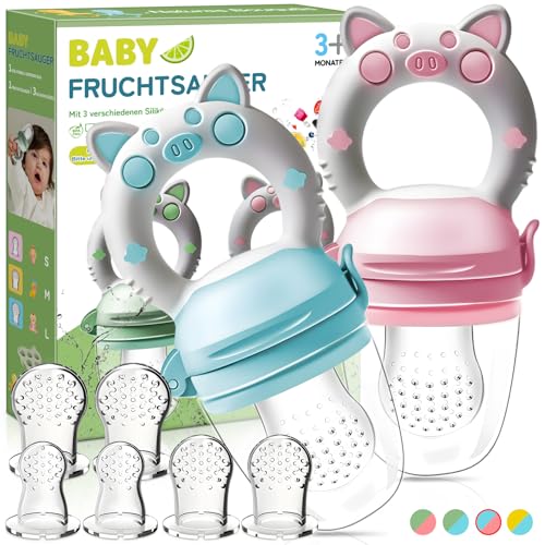 Chupete Fruta Bebe - 2 Piezas Chupete para Fruta Bebe+ 6 Tetinas de Silicona en 3 Tamaños sin BPA 4-24 Meses, Alimentador Antiahogo Bebe, Cosas para Bebes Alimentacion Complementaria (Azul+Rosa)