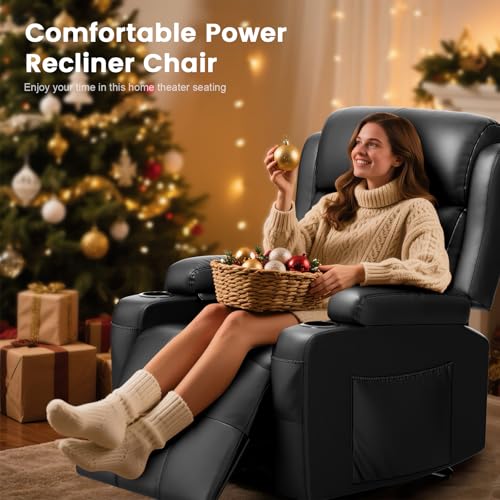 Image of Home Theater Seating, Power Recliner Sofa Chair with Massage & Heat, Wall Hugger Reclining Single Chairs with USB, RV Furniture with LED Lights, Cup Holders for Movie Theater & Gaming Room