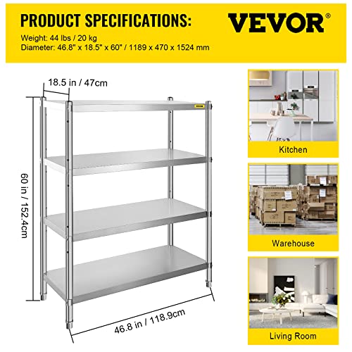 VEVOR Edelstahlregal Gastronomie 4 Böden Schwerlastregal Lagerregal 150 kg küchenregale standregal 122 x 48 x 150 cm Standing Shelf Rack