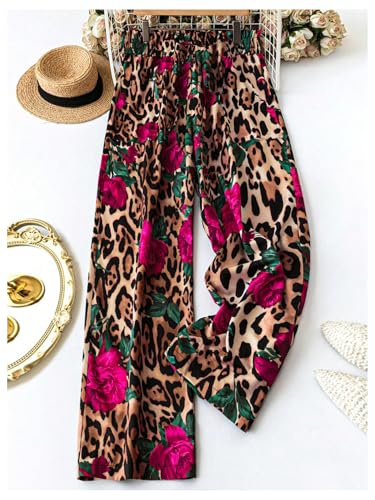 GORGLITTER Women's Cheetah Floral Print Wide Leg Pants Elastic High Waist Flowy Trousers Pants3