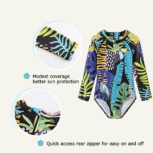 Image of Girls Long Sleeve Rash Guard One Piece Swimsuit Kids UPF 50+ Sun Protection Swimwear Rainbow Striped Bathing Suit 3-14 Years