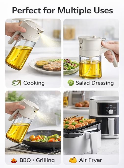 Image of Zollyss 2 in 1 Oil Dispenser and Sprayer, Glass Bottle with Fine Mist Spray Nozzle, Anti-Drip Pour Spout, Comfortable Handle Grip for Cooking and Salad (2 in 1 Oil Sprayer & Dispenser(600ml))