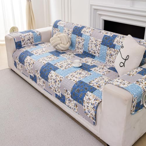 Image of HOMETHREADS Premium Style Anti Slip Sofa Cover Set | Cotton Sofa Slipcover | 1Pc Front Cover with Attached Armrest + 1Pc Back Cover (Blue White Sqr, 4 Seater | 200x185cm)
