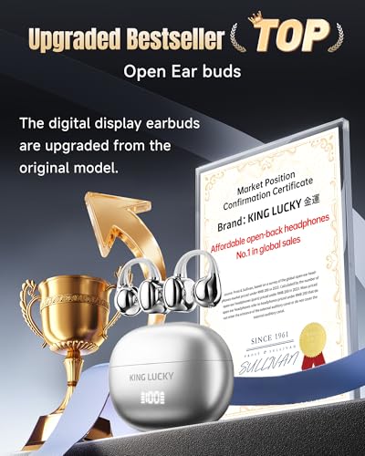 Image of King Lucky Next-gen Clip on Earbuds Open Ear Wireless Bluetooth 6.0 Headphones with Mic,50H Play,ENC,IPX5 Waterproof,Sports Ear Buds,Comfortable for Small Ears&Fitness,Run (Silver, Digital Display)