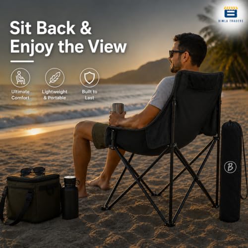 Image of Foldable Camping Chair with Carry Bag, Portable Outdoor Folding Chair for Camping, Picnic, Garden and Travel, Heavy Duty Metal Frame.(FURNTR002 Black)