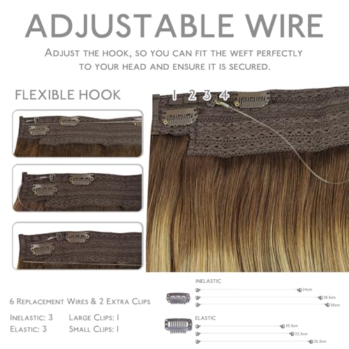 Image of WENNALIFE Wire Hair Extensions Real Human Hair 18 inch 125g Balayage Chocolate Brown to Honey Blonde Remy Real Hair Extensions Invisible Wire Human Hair Fish Line