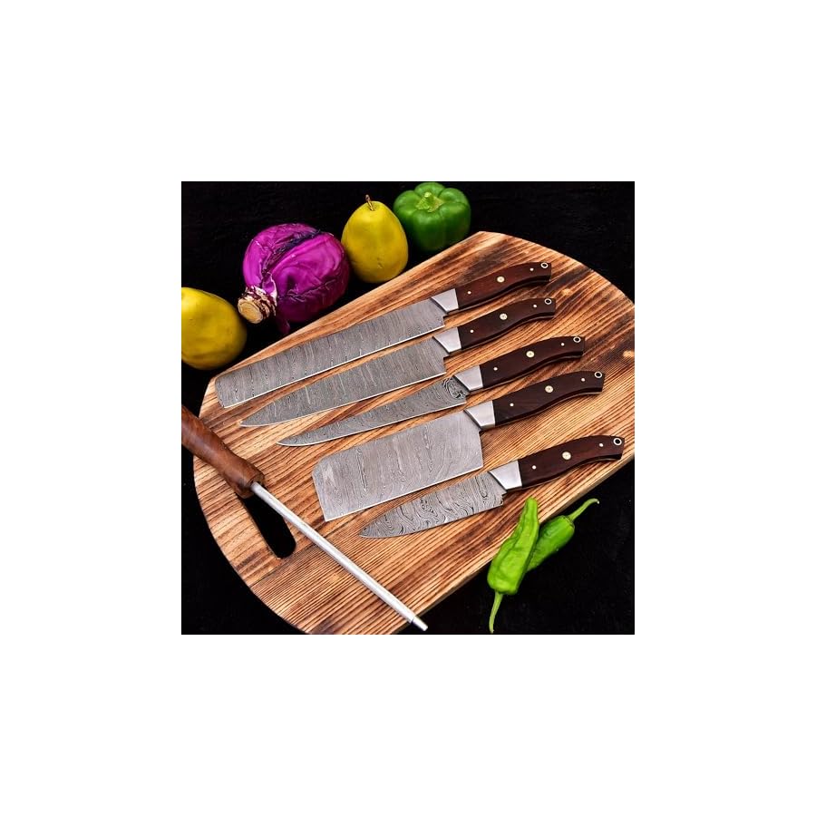 HM-(Brown) Custom Made Damascus Steel #6 Pcs of Professional Utility Kitchen knives Set Comes with Sweet Leather Roll Kit (3712)